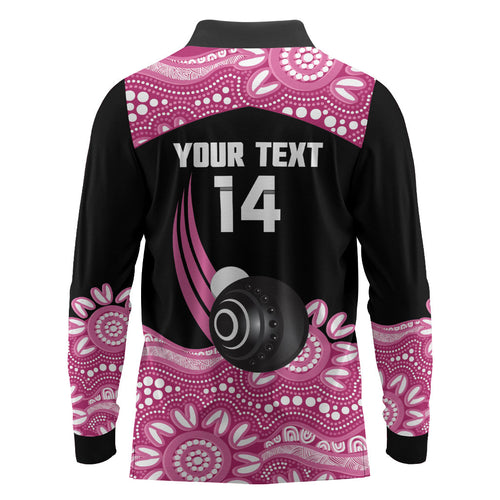 Bowls Australia Breast Cancer Custom Long Sleeve Polo Shirt Think Pink Aboriginal Art