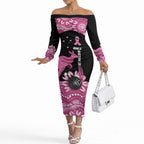 Bowls Australia Breast Cancer Custom Off The Shoulder Long Sleeve Dress Think Pink Aboriginal Art