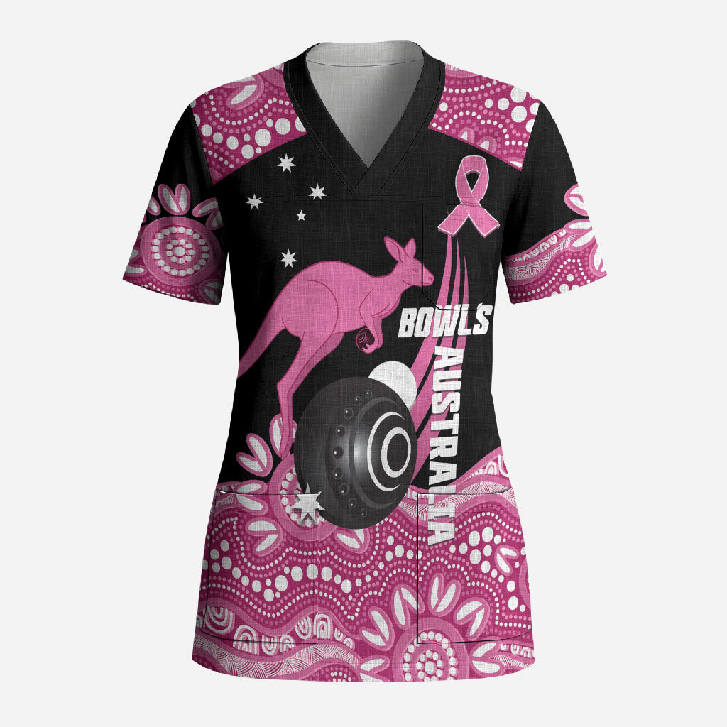 Bowls Australia Breast Cancer Custom Scrub Top Think Pink Aboriginal Art