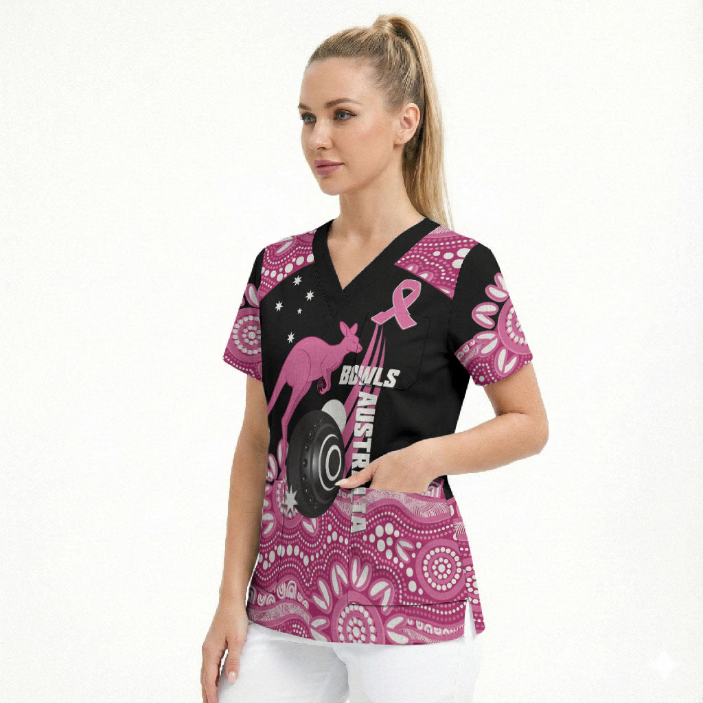 Bowls Australia Breast Cancer Custom Scrub Top Think Pink Aboriginal Art