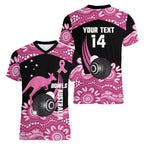 Bowls Australia Breast Cancer Custom Women V-Neck T-Shirt Think Pink Aboriginal Art
