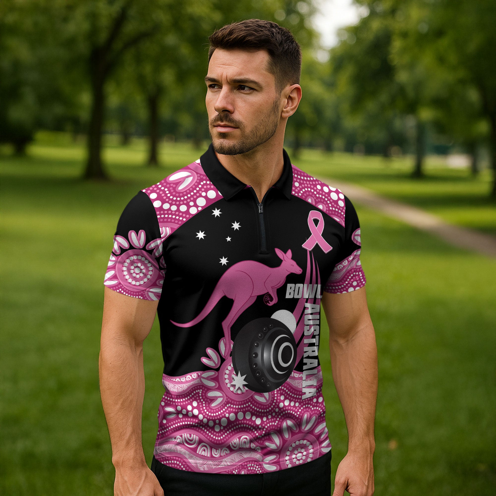 Bowls Australia Breast Cancer Custom Zipper Polo Shirt Think Pink Aboriginal Art