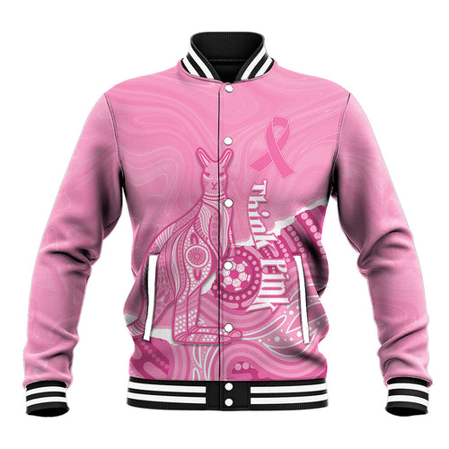 Australia Soccer Breast Cancer Custom Baseball Jacket Think Pink Aussie Opal Aboriginal Art