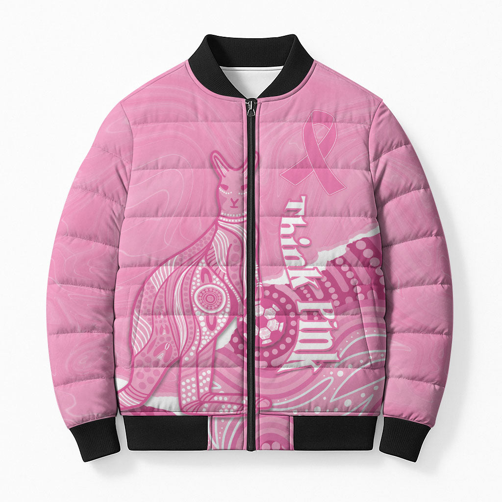 Australia Soccer Breast Cancer Custom Bomber Puffer Jacket Think Pink Aussie Opal Aboriginal Art