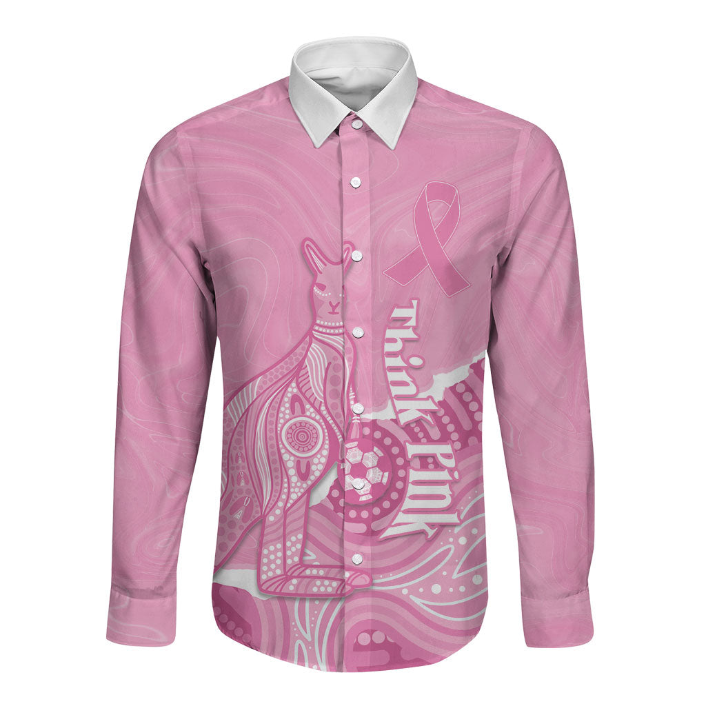 Australia Soccer Breast Cancer Custom Long Sleeve Button Shirt Think Pink Aussie Opal Aboriginal Art