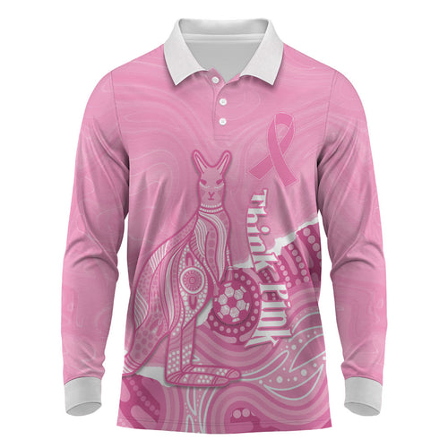 Australia Soccer Breast Cancer Custom Long Sleeve Polo Shirt Think Pink Aussie Opal Aboriginal Art