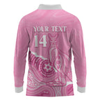 Australia Soccer Breast Cancer Custom Long Sleeve Polo Shirt Think Pink Aussie Opal Aboriginal Art