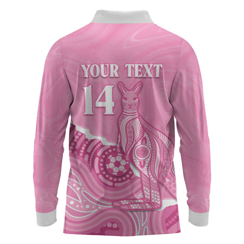 Australia Soccer Breast Cancer Custom Long Sleeve Polo Shirt Think Pink Aussie Opal Aboriginal Art