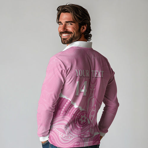 Australia Soccer Breast Cancer Custom Long Sleeve Polo Shirt Think Pink Aussie Opal Aboriginal Art