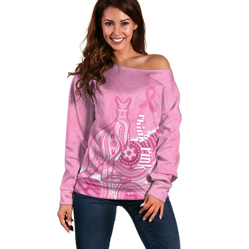 Australia Soccer Breast Cancer Custom Off Shoulder Sweater Think Pink Aussie Opal Aboriginal Art