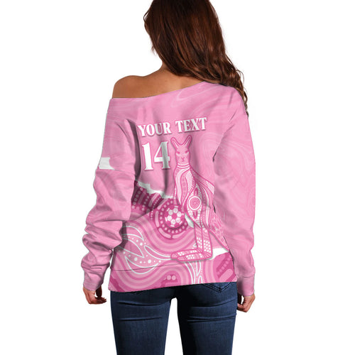 Australia Soccer Breast Cancer Custom Off Shoulder Sweater Think Pink Aussie Opal Aboriginal Art