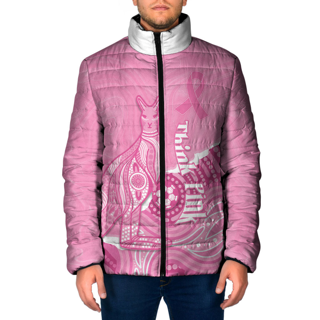 Australia Soccer Breast Cancer Custom Padded Jacket Think Pink Aussie Opal Aboriginal Art