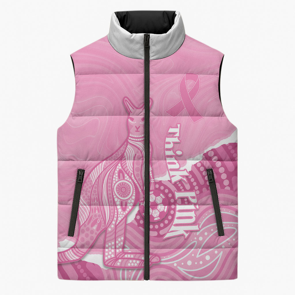 Australia Soccer Breast Cancer Custom Sleeveless Puffer Jacket Think Pink Aussie Opal Aboriginal Art
