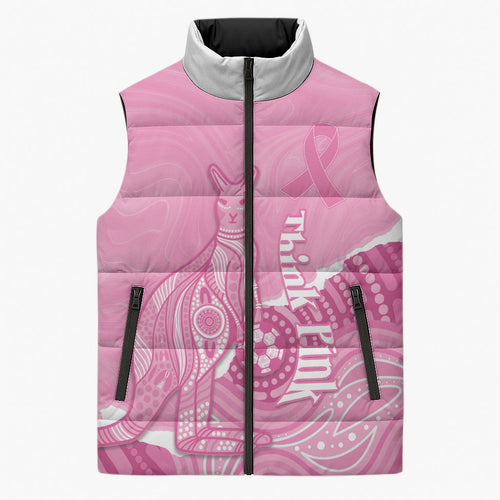 Australia Soccer Breast Cancer Custom Sleeveless Puffer Jacket Think Pink Aussie Opal Aboriginal Art
