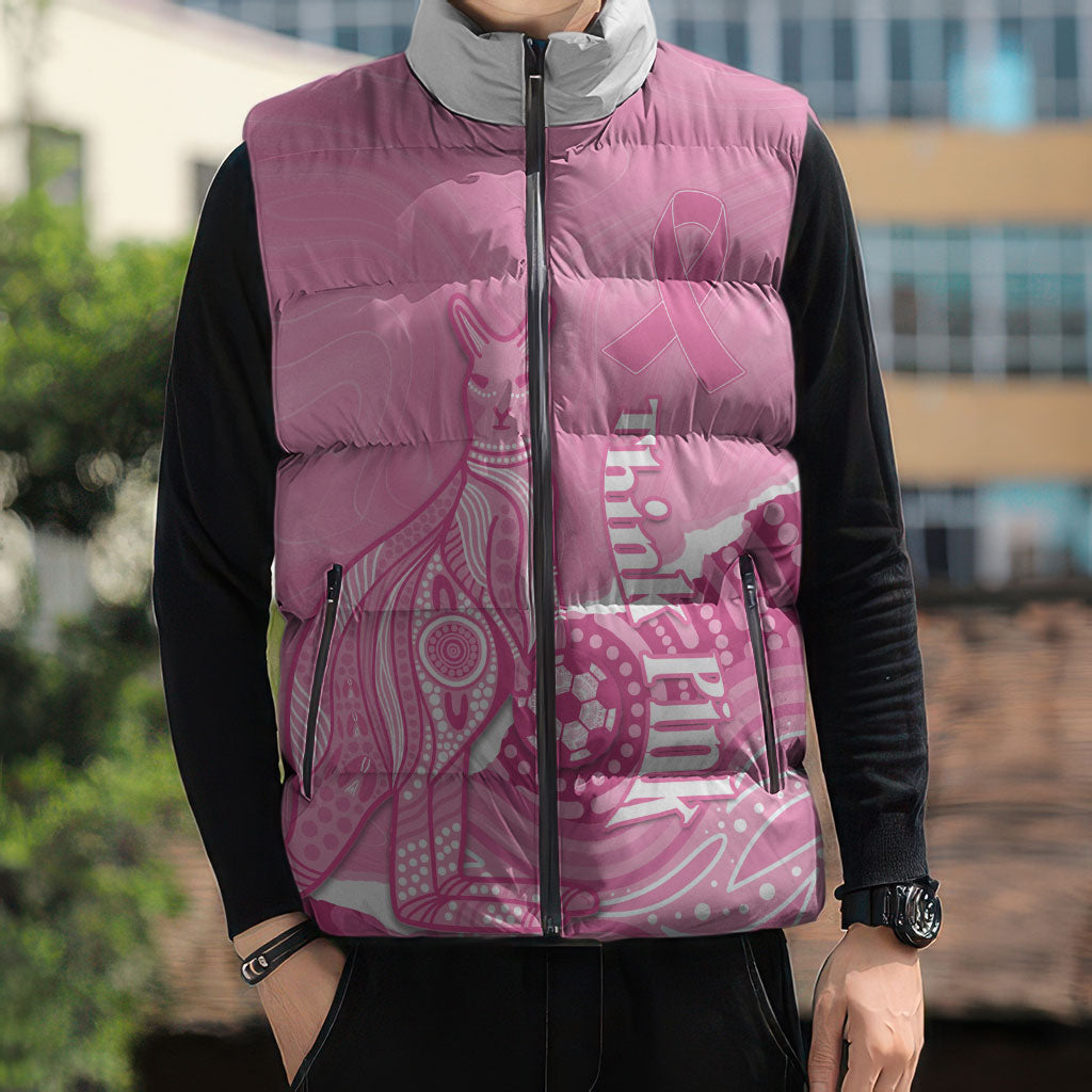 Australia Soccer Breast Cancer Custom Sleeveless Puffer Jacket Think Pink Aussie Opal Aboriginal Art