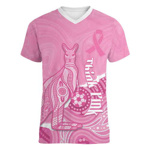 Australia Soccer Breast Cancer Custom Women V-Neck T-Shirt Think Pink Aussie Opal Aboriginal Art