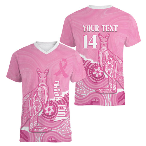 Australia Soccer Breast Cancer Custom Women V-Neck T-Shirt Think Pink Aussie Opal Aboriginal Art