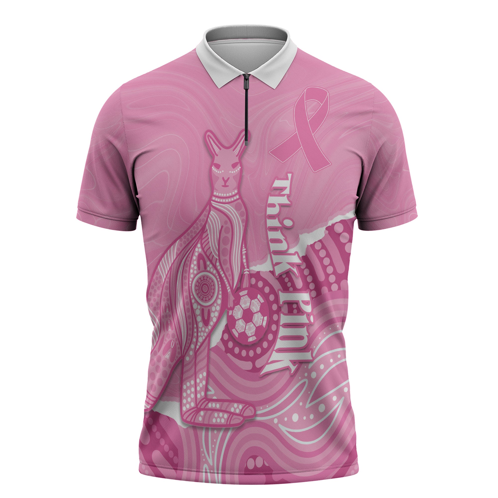 Australia Soccer Breast Cancer Custom Zipper Polo Shirt Think Pink Aussie Opal Aboriginal Art