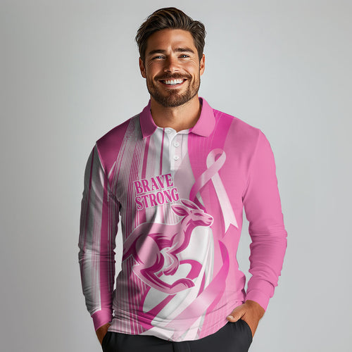 Australia Rugby Breast Cancer Personalised Long Sleeve Polo Shirt Brave Strong Pink Ribbon Sporty Style