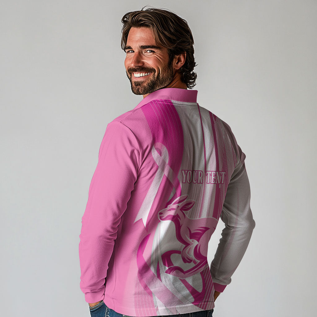 Australia Rugby Breast Cancer Personalised Long Sleeve Polo Shirt Brave Strong Pink Ribbon Sporty Style