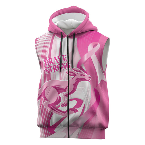 Australia Rugby Breast Cancer Personalised Sleeveless Zip Hoodie Brave Strong Pink Ribbon Sporty Style