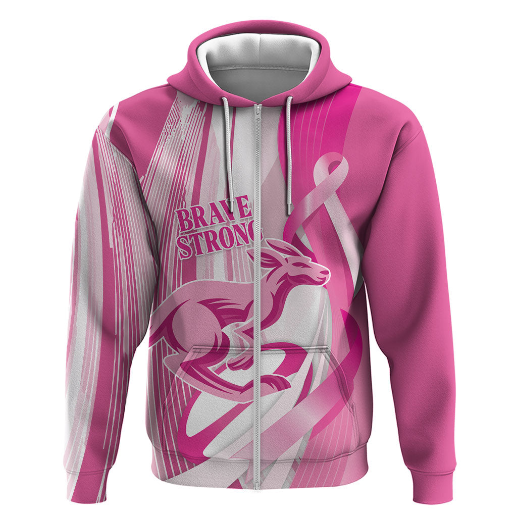 Australia Rugby Breast Cancer Personalised Zip Hoodie Brave Strong Pink Ribbon Sporty Style