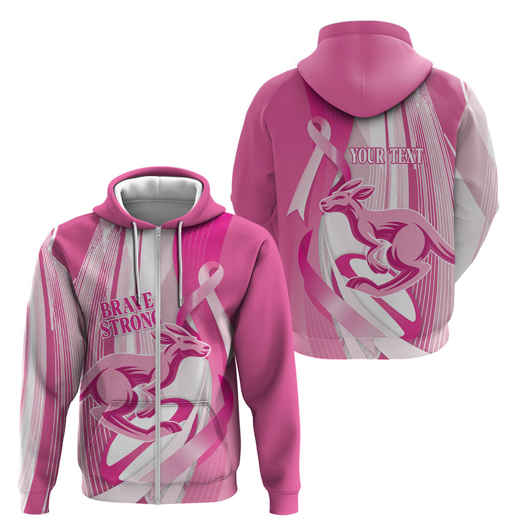 Australia Rugby Breast Cancer Personalised Zip Hoodie Brave Strong Pink Ribbon Sporty Style