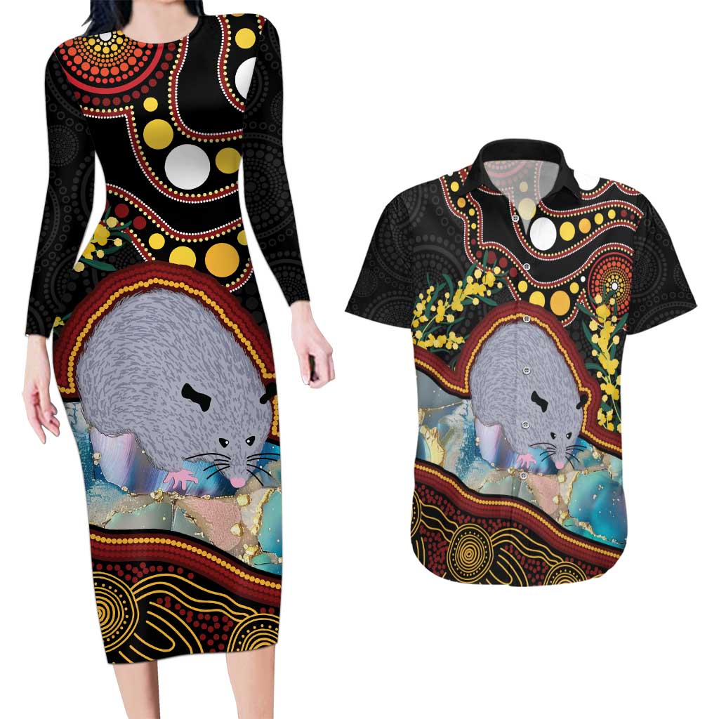Australia Possum Couples Matching Long Sleeve Bodycon Dress and Hawaiian Shirt Aboriginal Art Mix Aussie Opal