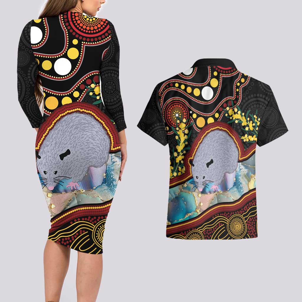 Australia Possum Couples Matching Long Sleeve Bodycon Dress and Hawaiian Shirt Aboriginal Art Mix Aussie Opal