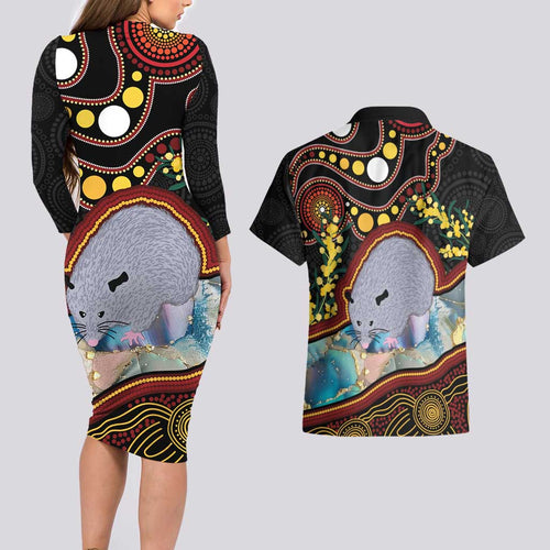 Australia Possum Couples Matching Long Sleeve Bodycon Dress and Hawaiian Shirt Aboriginal Art Mix Aussie Opal