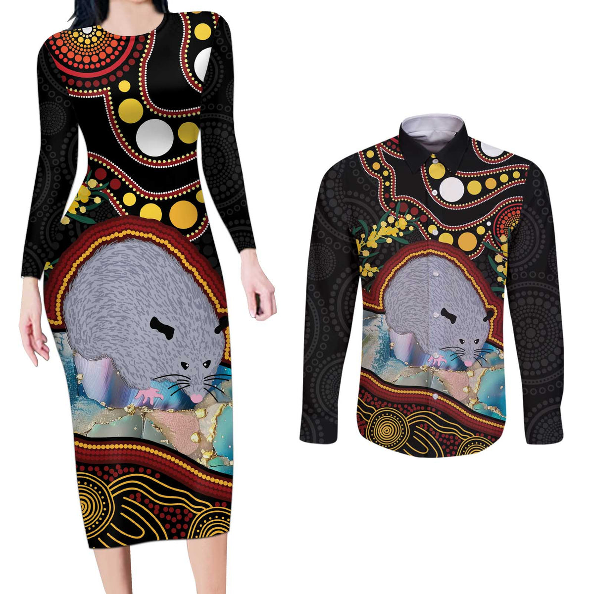 Australia Possum Couples Matching Long Sleeve Bodycon Dress and Long Sleeve Button Shirt Aboriginal Art Mix Aussie Opal
