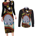 Australia Possum Couples Matching Long Sleeve Bodycon Dress and Long Sleeve Button Shirt Aboriginal Art Mix Aussie Opal