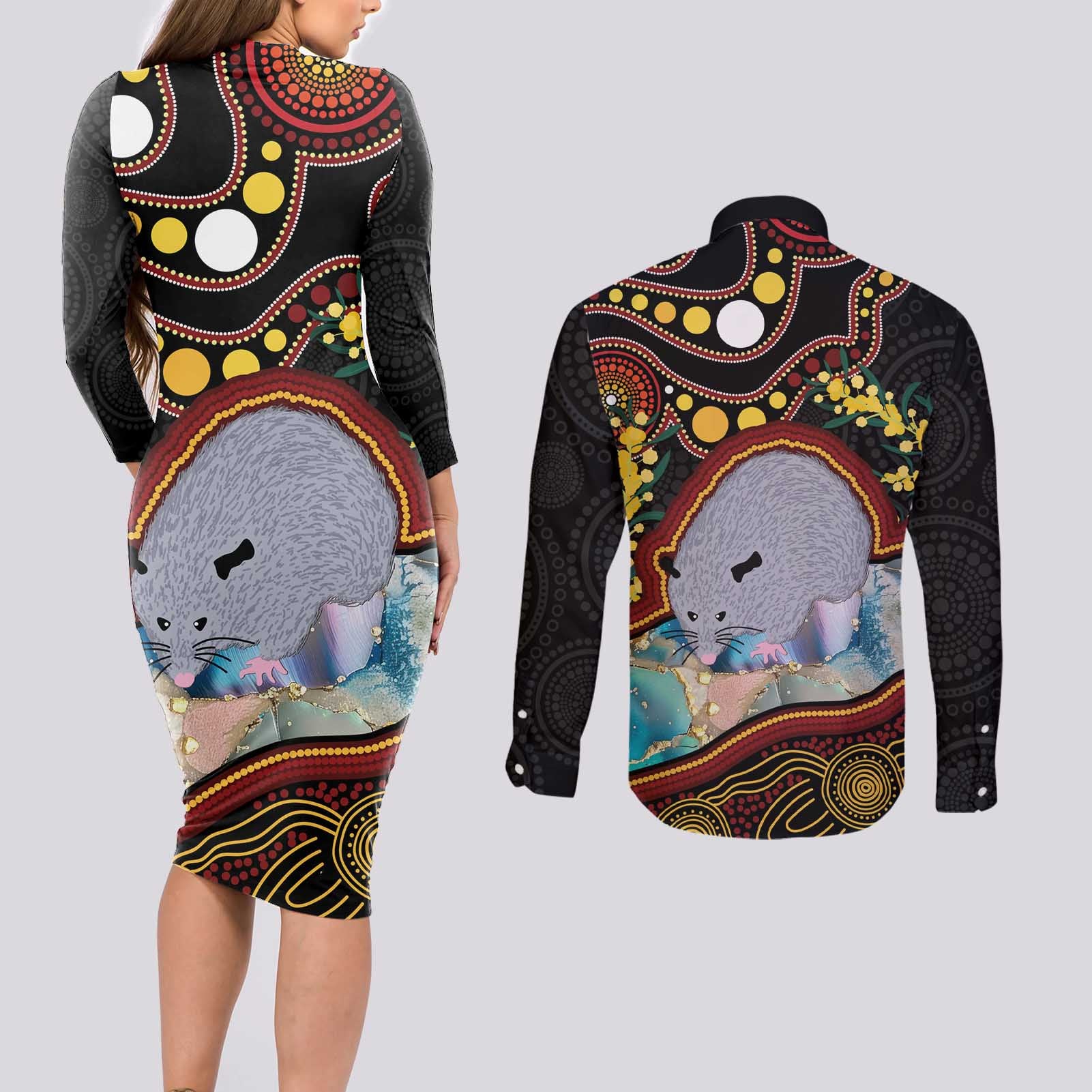 Australia Possum Couples Matching Long Sleeve Bodycon Dress and Long Sleeve Button Shirt Aboriginal Art Mix Aussie Opal