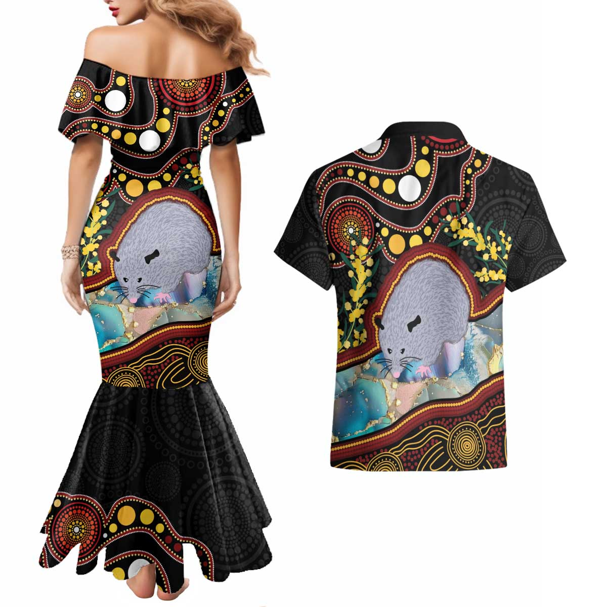 Australia Possum Couples Matching Mermaid Dress and Hawaiian Shirt Aboriginal Art Mix Aussie Opal