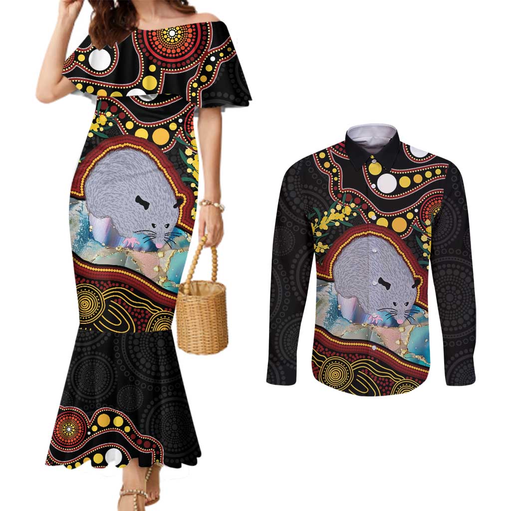 Australia Possum Couples Matching Mermaid Dress and Long Sleeve Button Shirt Aboriginal Art Mix Aussie Opal