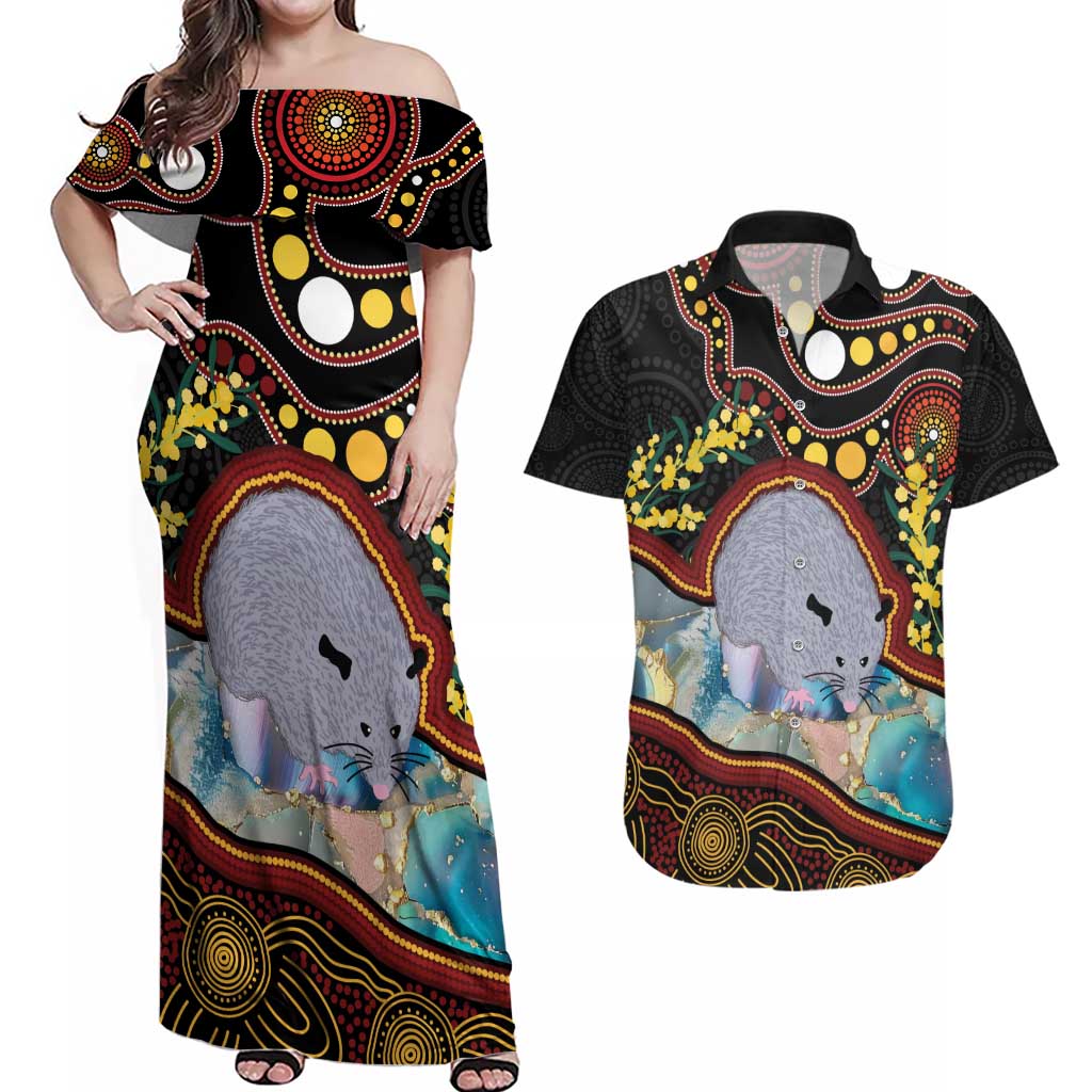 Australia Possum Couples Matching Off Shoulder Maxi Dress and Hawaiian Shirt Aboriginal Art Mix Aussie Opal