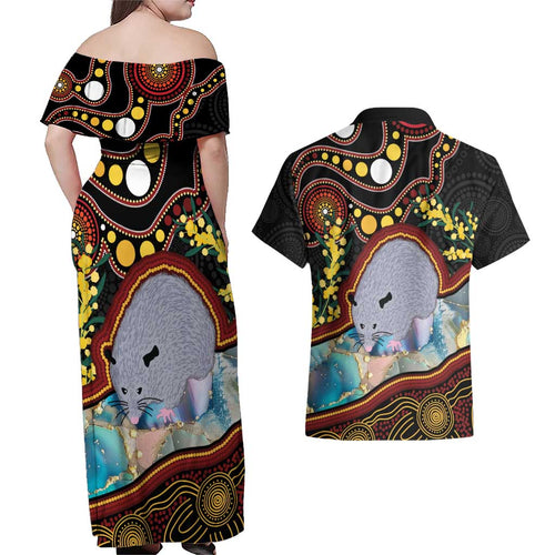 Australia Possum Couples Matching Off Shoulder Maxi Dress and Hawaiian Shirt Aboriginal Art Mix Aussie Opal