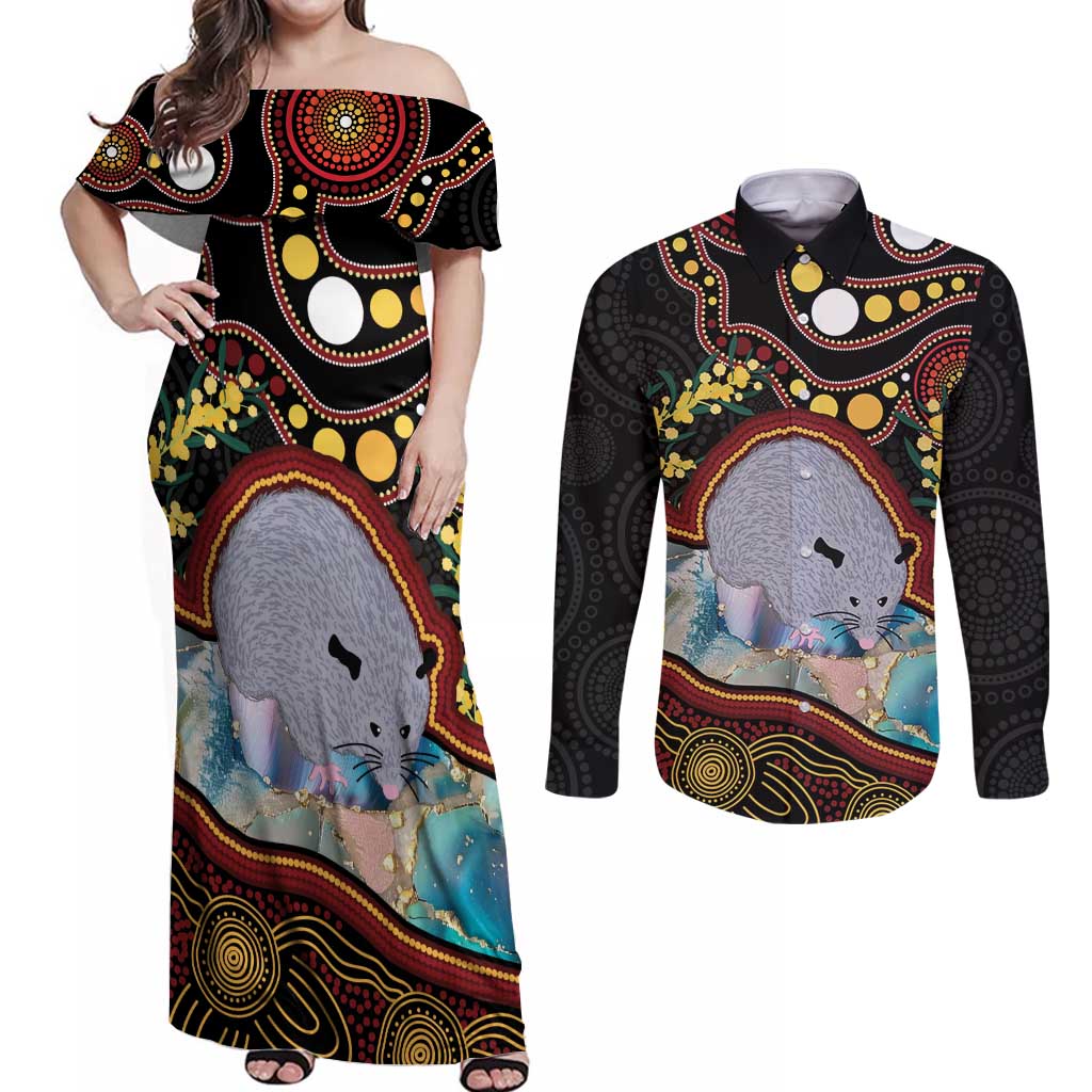 Australia Possum Couples Matching Off Shoulder Maxi Dress and Long Sleeve Button Shirt Aboriginal Art Mix Aussie Opal