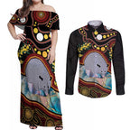 Australia Possum Couples Matching Off Shoulder Maxi Dress and Long Sleeve Button Shirt Aboriginal Art Mix Aussie Opal