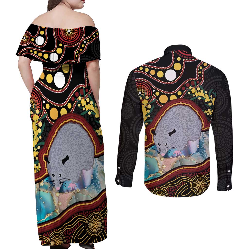 Australia Possum Couples Matching Off Shoulder Maxi Dress and Long Sleeve Button Shirt Aboriginal Art Mix Aussie Opal