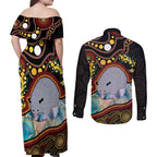 Australia Possum Couples Matching Off Shoulder Maxi Dress and Long Sleeve Button Shirt Aboriginal Art Mix Aussie Opal
