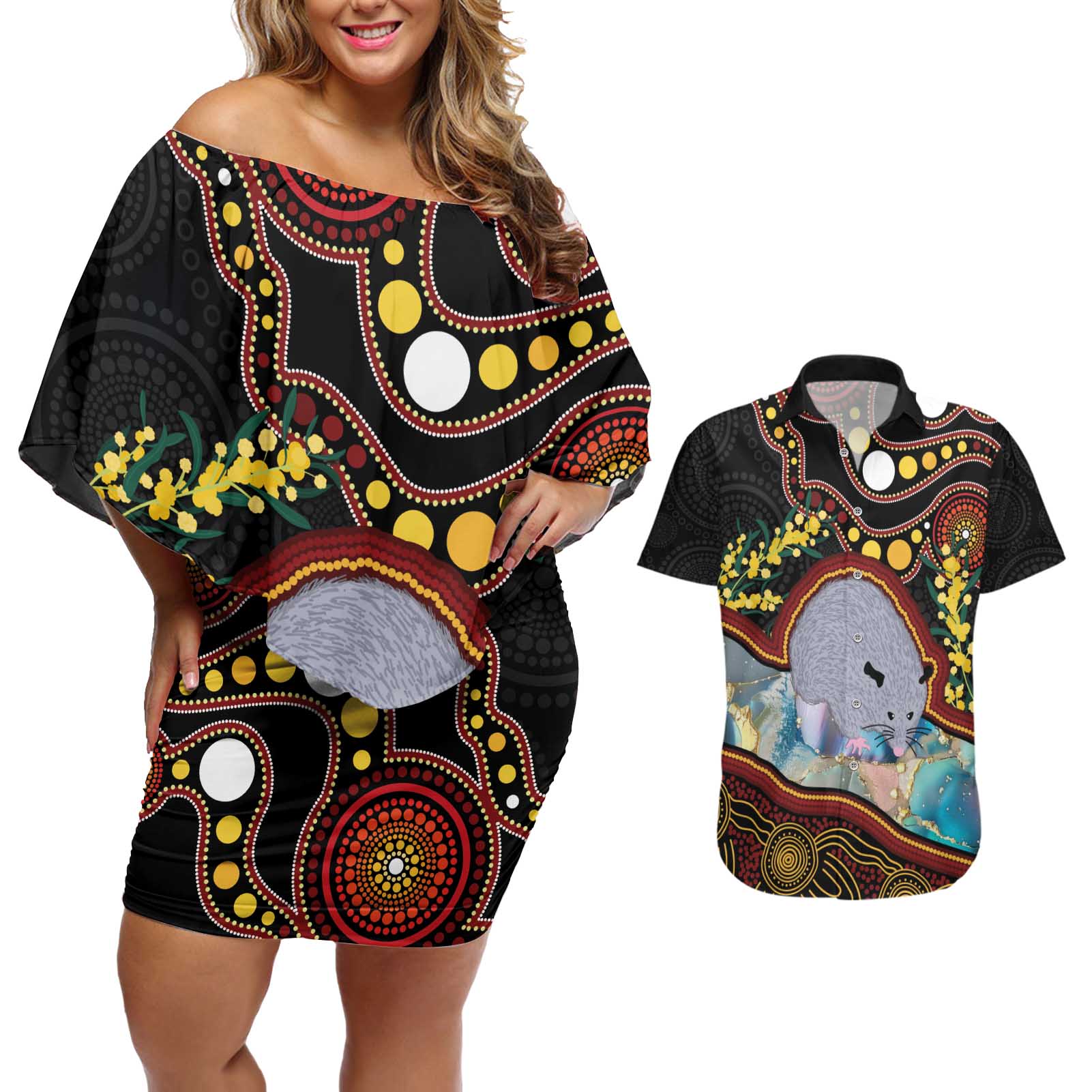 Australia Possum Couples Matching Off Shoulder Short Dress and Hawaiian Shirt Aboriginal Art Mix Aussie Opal
