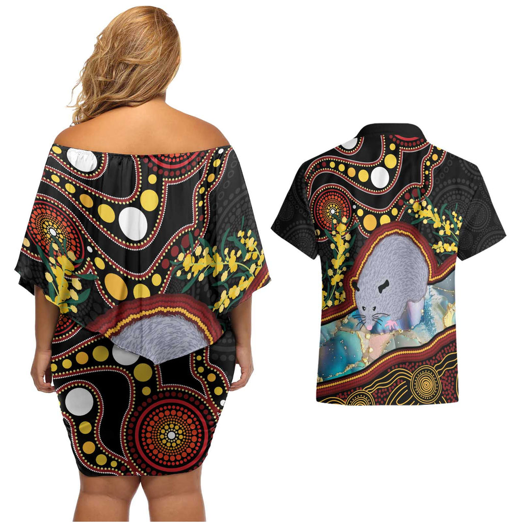 Australia Possum Couples Matching Off Shoulder Short Dress and Hawaiian Shirt Aboriginal Art Mix Aussie Opal