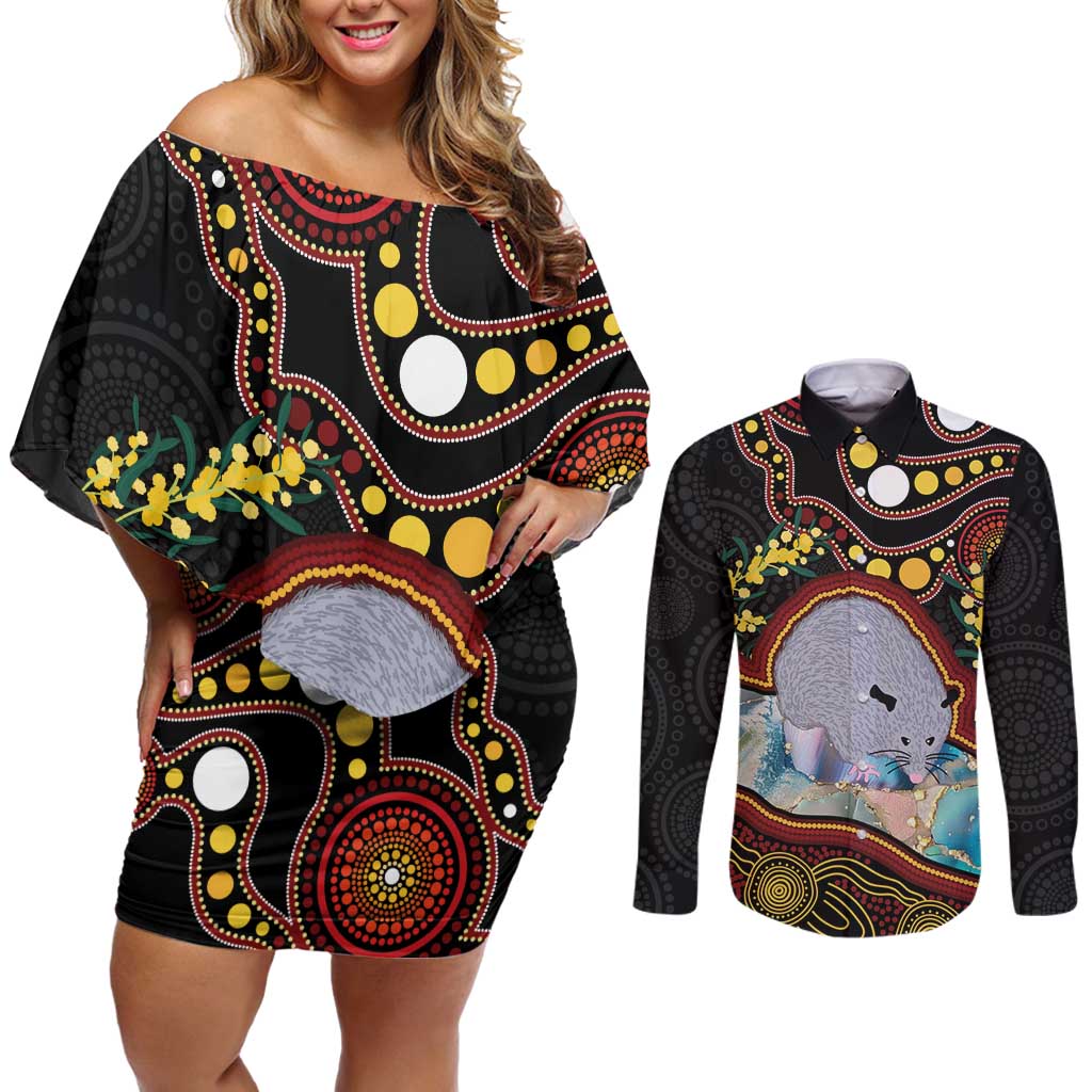 Australia Possum Couples Matching Off Shoulder Short Dress and Long Sleeve Button Shirt Aboriginal Art Mix Aussie Opal