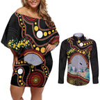 Australia Possum Couples Matching Off Shoulder Short Dress and Long Sleeve Button Shirt Aboriginal Art Mix Aussie Opal