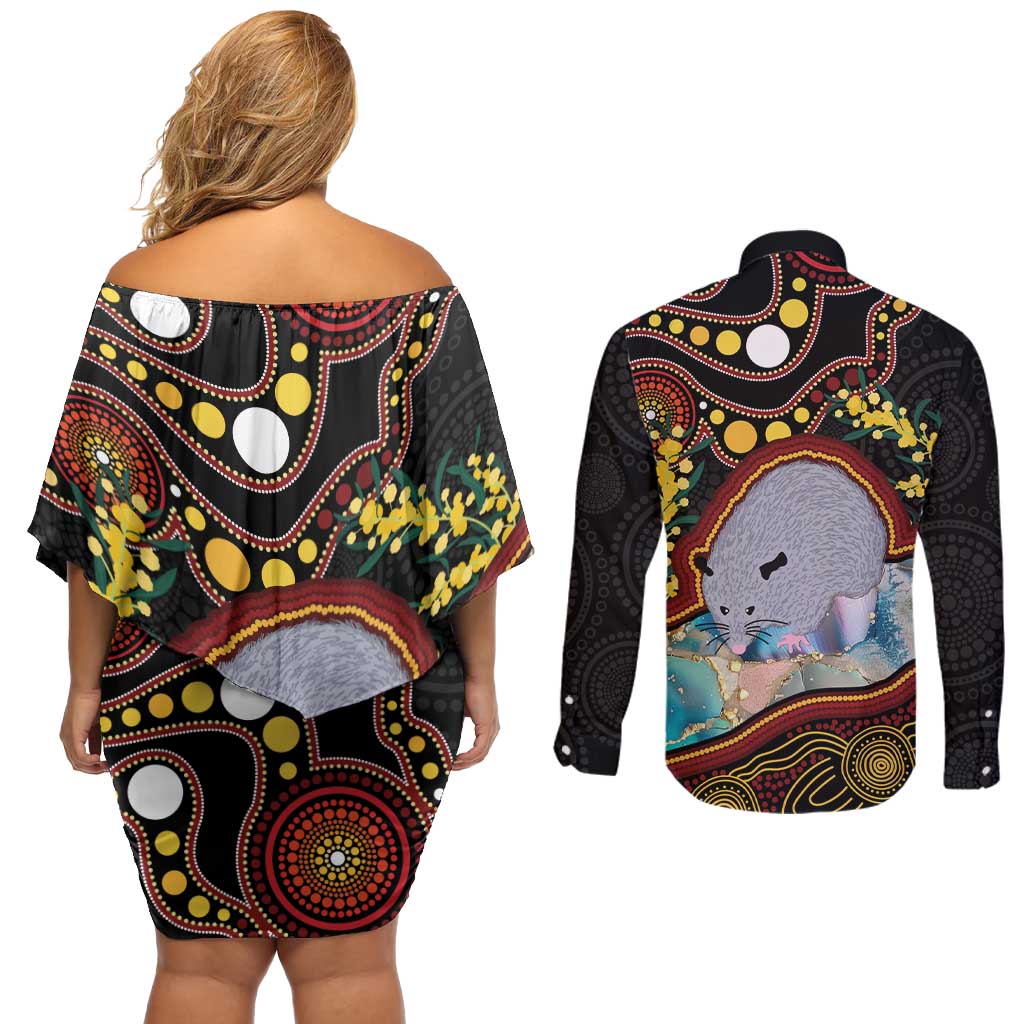 Australia Possum Couples Matching Off Shoulder Short Dress and Long Sleeve Button Shirt Aboriginal Art Mix Aussie Opal
