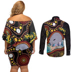 Australia Possum Couples Matching Off Shoulder Short Dress and Long Sleeve Button Shirt Aboriginal Art Mix Aussie Opal