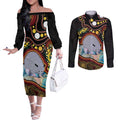 Australia Possum Couples Matching Off The Shoulder Long Sleeve Dress and Long Sleeve Button Shirt Aboriginal Art Mix Aussie Opal