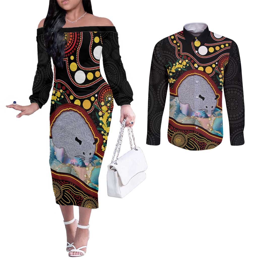 Australia Possum Couples Matching Off The Shoulder Long Sleeve Dress and Long Sleeve Button Shirt Aboriginal Art Mix Aussie Opal
