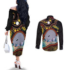 Australia Possum Couples Matching Off The Shoulder Long Sleeve Dress and Long Sleeve Button Shirt Aboriginal Art Mix Aussie Opal